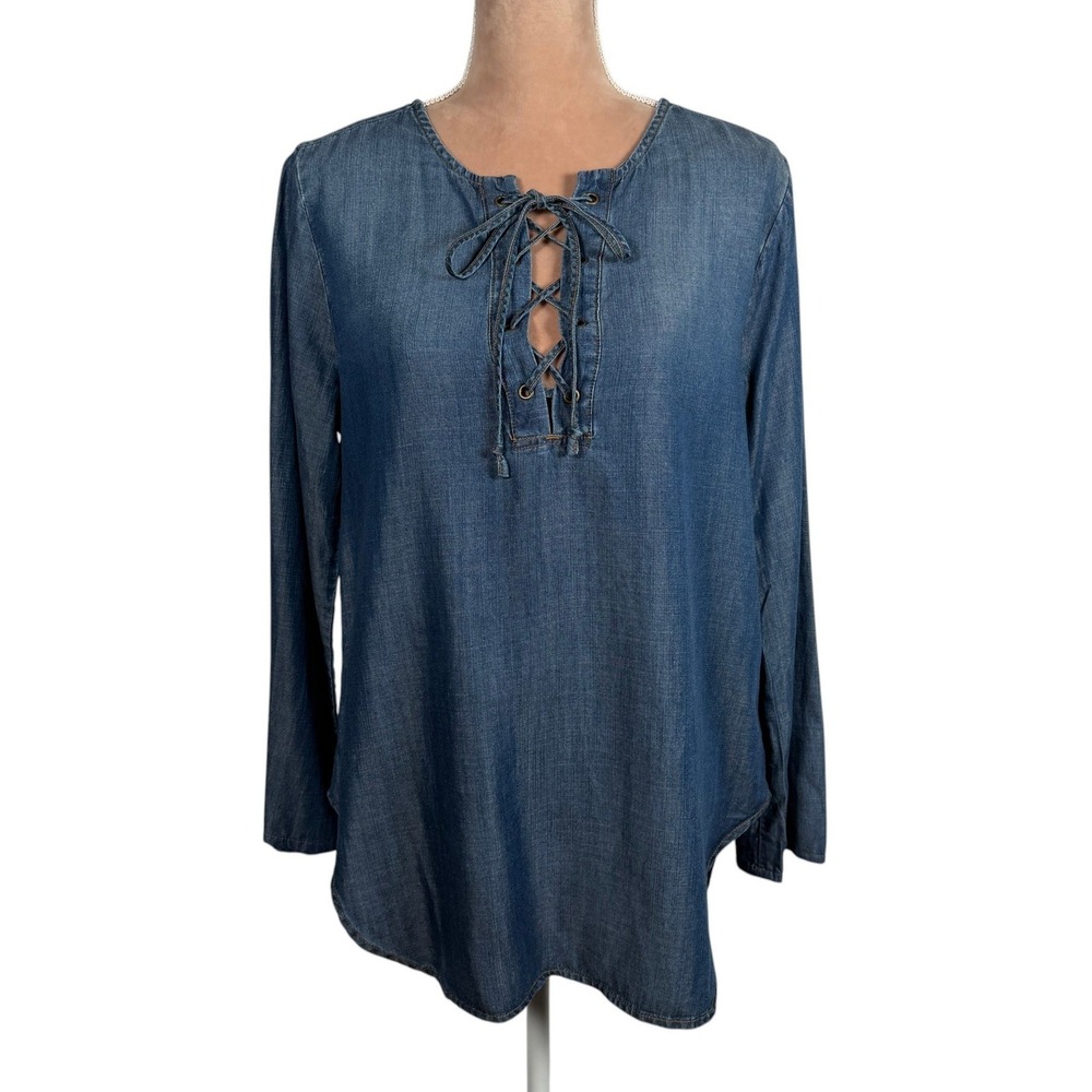 Cloth & Stone Lace Up Tunic Women Medium Blue Chambray Long Sleeve Blouse